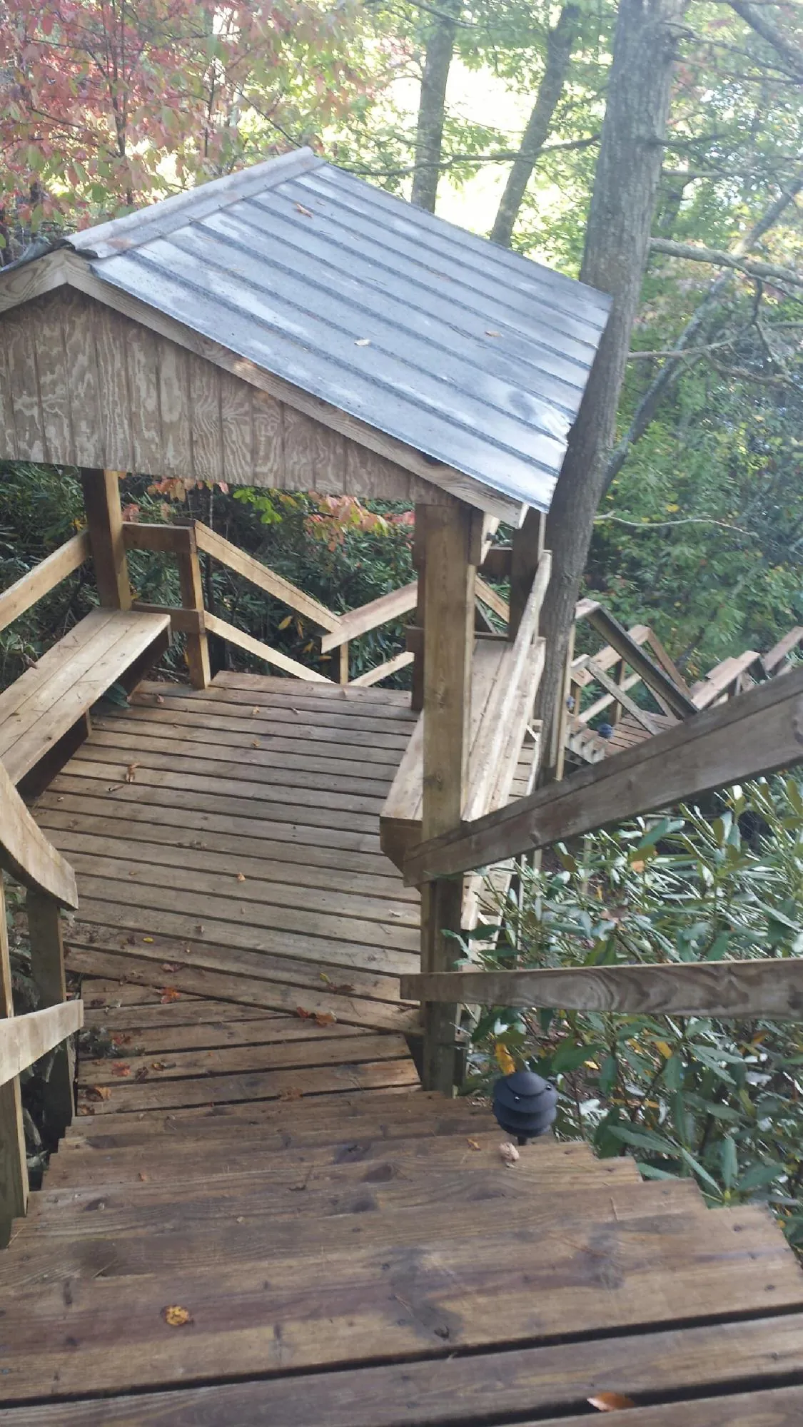 Metal roofed shelter over wooden steps on a wooded walkway — Skylight Repair & Installation work by our crew in Cut Off